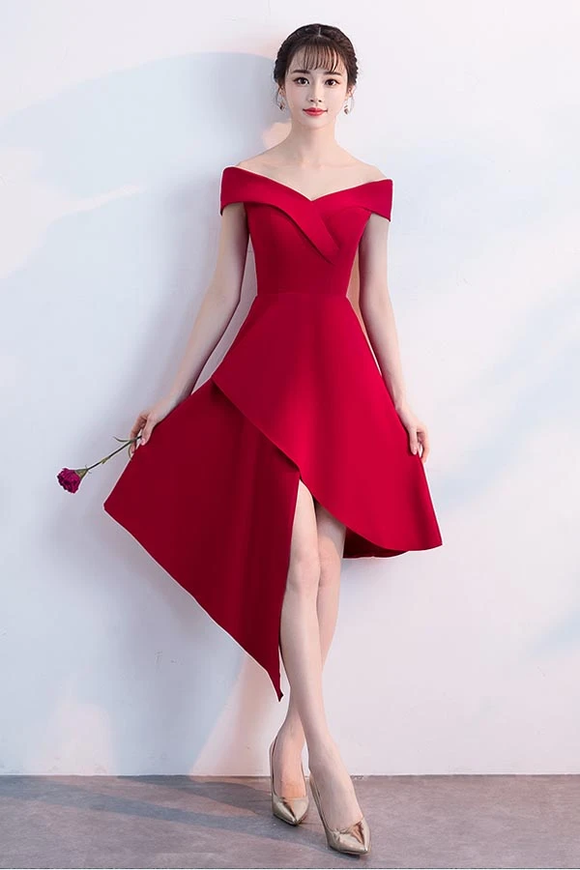 Anneprom Simple Red Satin Off The Shoulder Homecoming Dresses Party Dresses APH0023