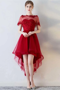 Anneprom A-Line Short Sleeves Appliques Sweetheart Asymmetry Homecoming Dress APH0025