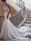 Anneprom Promfast 2021 Cheap Mermaid Lace Satin Ivory Spaghetti Straps V Neck Wedding Dresses APW0196
