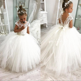 Anneprom White Ball Gown Flower Girl Dresses For Weddings Jewel Backless Short Sleeve Kids Dresses APF0001
