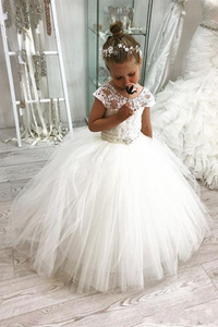 Anneprom White Ball Gown Flower Girl Dresses For Weddings Jewel Backless Short Sleeve Kids Dresses APF0001