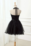 Anneprom Cute Halter Black Tulle Sleeveless Beads Short Prom Dresses Homecoming Dresses APH0122