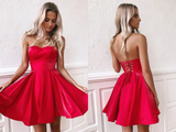 Anneprom Simple Red Satin Sweetheart Strapless Homecoming Dresses Above Knee Short Prom Dresses APH0123