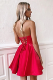 Anneprom Simple Red Satin Sweetheart Strapless Homecoming Dresses Above Knee Short Prom Dresses APH0123