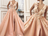 Anneprom A line Pink V Neck Prom Dresses with Slit Lace Appliques Prom Gowns APP0490