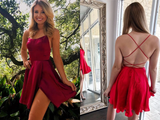 Anneprom Cute Red Satin A line Cross Back Spaghetti Straps Homecoming Dresses APH0125