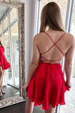 Anneprom Cute Red Satin A line Cross Back Spaghetti Straps Homecoming Dresses APH0125
