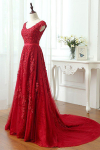 Anneprom A Line Red V Neck Long Lace Prom Dresses with Cap Sleeves APP0491