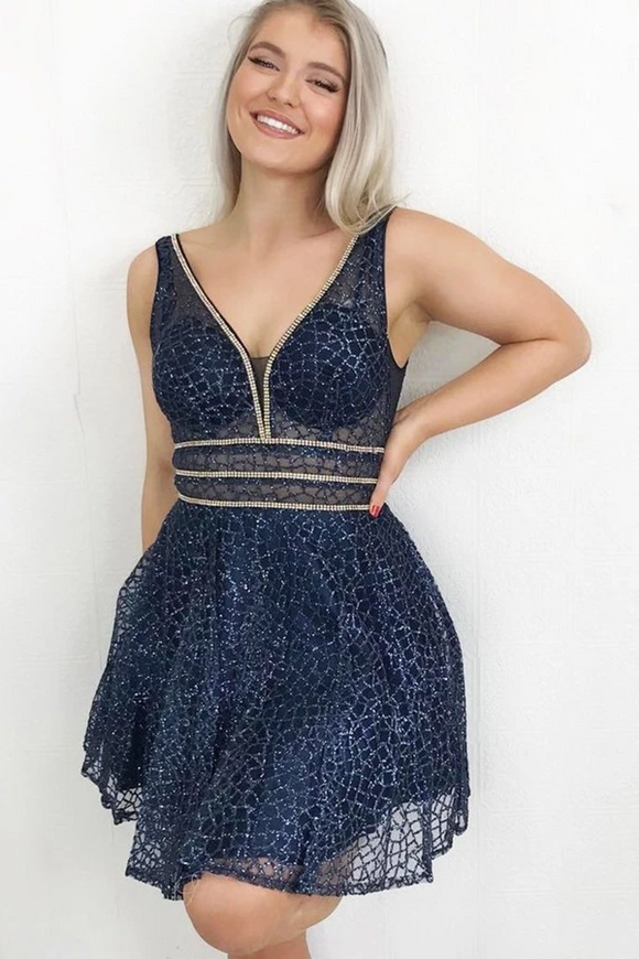 Anneprom Sparkling A Line V Neck Sequins Navy Blue Homecoming Dress With Beads APH0131