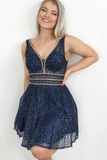 Anneprom Sparkling A Line V Neck Sequins Navy Blue Homecoming Dress With Beads APH0131