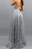 Anneprom A Line Glittering Sexy Engagement Prom Dress V Neck Sleeveless Sequin Split Evening Dress APP0492