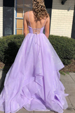 Anneprom Shiny V Neck Fluffy Lavender Long Prom Dress, Spaghetti Straps Long Formal Evening Dress APP0494