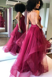 Anneprom Shiny V Neck Backless Burgundy Prom Dress, Backless Maroon Formal Evening Dress APP0497