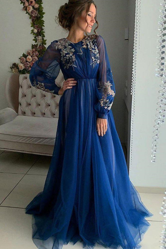 Anneprom Charming A Line Long Sleeve Tulle Appliques Prom Dresses, Long Evening Dresses APP0499