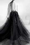 Anneprom Elegant Backless Black Tulle Wedding Dresses With Appliques Modest Prom Dress APW0373