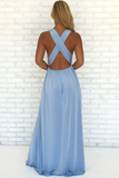 Anneprom Sky Blue Chiffon A Line V Neck Criss Cross Straps Prom Dress With Side Slit APP0504
