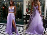 Anneprom Fashion Satin Straps A Line Prom Dresses Two Pieces Gowns With Slit APP0505