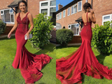 Anneprom Sexy Red Mermaid Long Prom Formal Dresses with Appliques APP0506