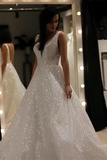 Anneprom Sparkly V Neck Backless Wedding Gown, Sequins Prom Dress On Sale APW0377