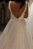 Anneprom Sparkly V Neck Backless Wedding Gown, Sequins Prom Dress On Sale APW0377