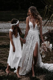 Anneprom Deep V Neck A Line Lace Wedding Dresses With Slit, Spaghetti Straps Long Bridal Gowns APW0380