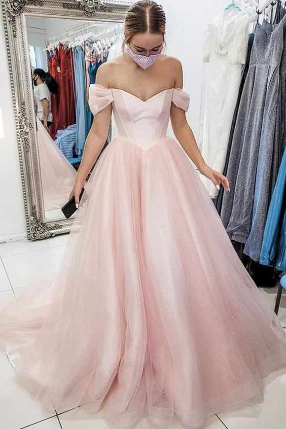 Anneprom Light Pink Off The Shoulder Long Tulle Prom Evening Dress, A Line Simple Party Dress APP0516