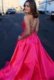 Anneprom Cute A line Deep V neck Lace up Pink Satin Long Prom Dresses APP0518
