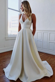 Anneprom Elegant V Neck Ivory Wedding Dresses with Pockets, Open Back Satin Wedding Gowns APW0381