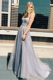Anneprom New A line Spaghetti Straps Grey Tulle Prom Dresses APP0520