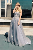 Anneprom New A line Spaghetti Straps Grey Tulle Prom Dresses APP0520