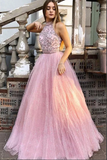 Anneprom Sparkly Tulle A line Halter Appliqued Long Prom Dresses, Evening Gowns APP0522