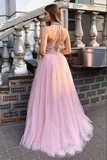 Anneprom Sparkly Tulle A line Halter Appliqued Long Prom Dresses, Evening Gowns APP0522