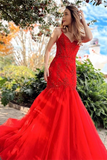 Anneprom Chic Mermaid Red Spaghetti Straps V Neck Applique Prom Dress Tulle Evening Dress APP0524