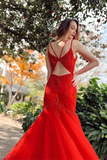 Anneprom Chic Mermaid Red Spaghetti Straps V Neck Applique Prom Dress Tulle Evening Dress APP0524