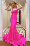 Anneprom Hot Pink Mermaid Satin Lace Up Back Long Prom Dresses, Evening Dress APP0526