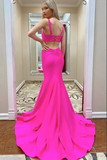 Anneprom Hot Pink Mermaid Satin Lace Up Back Long Prom Dresses, Evening Dress APP0526