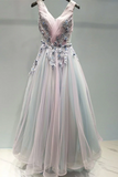 Anneprom Beautiful Prom Dress A line V neck Applique Ombre Tulle Long Prom Dresses Evening Dress APP0527