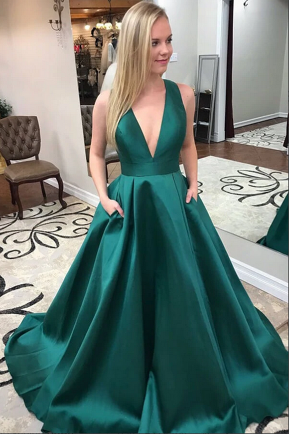 Anneprom Dark Green Satin A Line V Neck Prom Dresses With Pockets, Evening Gown APP0529