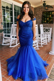 Anneprom Chic Mermaid Off The Shoulder Royal Blue Prom Dress Tulle Evening Dresses APP0531