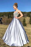 Anneprom A Line Satin V Neck Beading Long Prom Dress V Back Evening Dresses APP0532