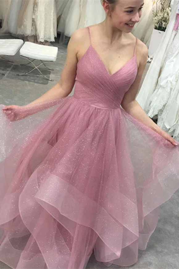 Anneprom Glitter Straps Ruffled Pink Long Prom Dresses Backless Formal Gown APP0533