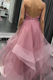 Anneprom Glitter Straps Ruffled Pink Long Prom Dresses Backless Formal Gown APP0533