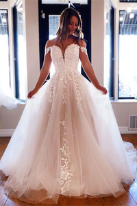 Anneprom Chic A line Off the shoulder Wedding Dress Tulle Applique Bridal Formal Dresses APW0386