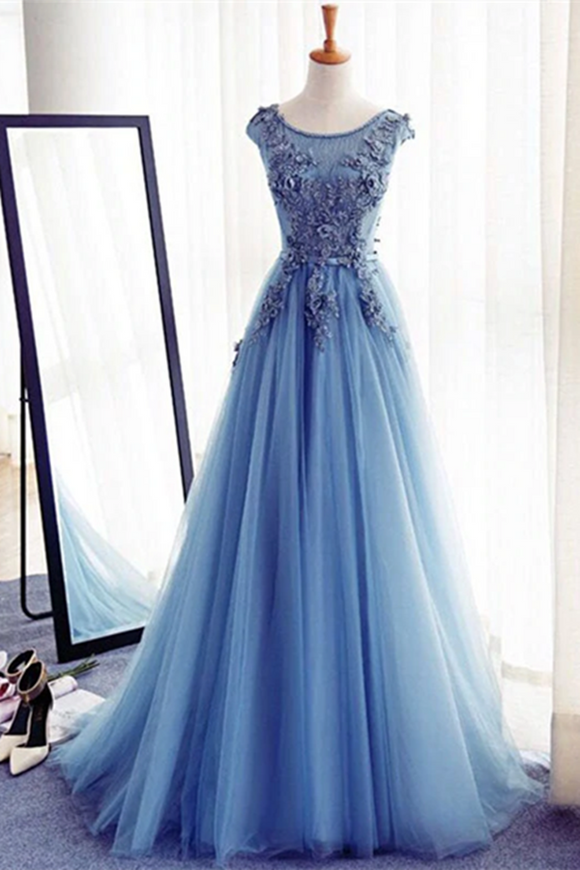 Anneprom Chic A line Scoop Beaded Long Prom Dress Tulle Applique Evening Party Dress APP0538