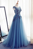 Anneprom Chic A line Scoop Beaded Long Prom Dress Tulle Applique Evening Party Dress APP0538