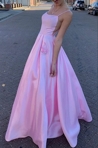 Anneprom Pink Satin A line Spaghetti Straps Prom Dresses, Party Dress With Pockets APP0539
