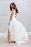 Anneprom Deep V Neck Side Slit Wedding Dresses,Simple V Back Beach Wedding Gown APW0388