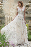Anneprom A Line V neck 3D Floral Lace Long Prom Dresses Evening Dresses APP0540