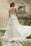 Anneprom A Line V neck 3D Floral Lace Long Prom Dresses Evening Dresses APP0540
