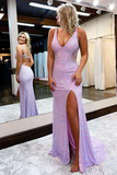Anneprom Chic A Line V Neck Sparkly Long Prom Dresses Sleeveless Evening Dress With Split APP0542